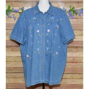 Vintage Bobbie Brooks Blue Embroidered Floral Denim Shirt Top Plus Size 18W 20W